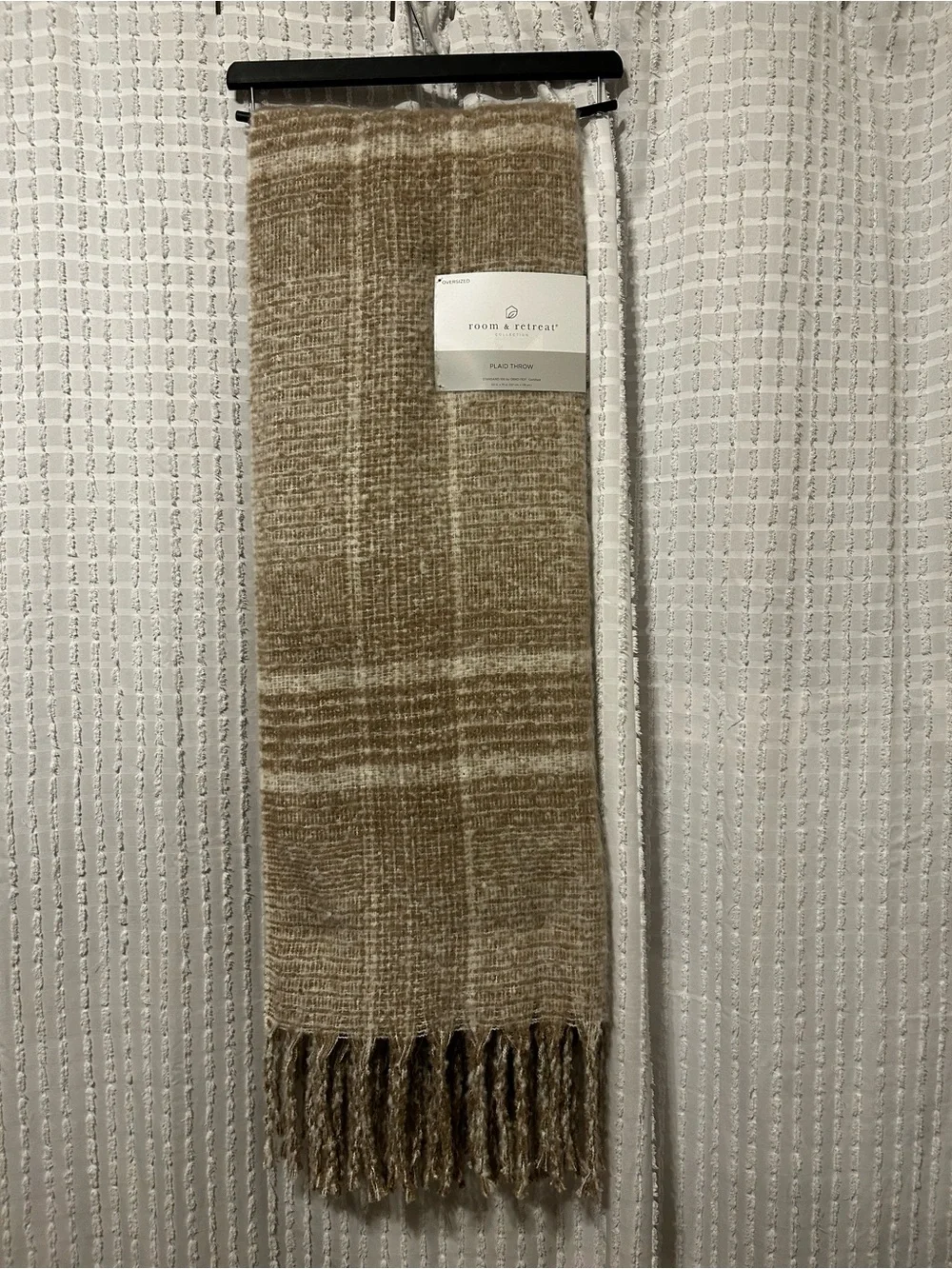 Tan Plaid Throw Blanket with Fringe